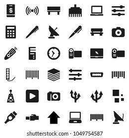 Flat vector icon set - pen vector, notebook pc, arrow up, clock, barcode, camera, antenna, remote control, play button, hdmi, big data, equalizer, lan connector, bench, loading, route, wireless