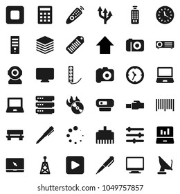 Flat vector icon set - pen vector, notebook pc, laptop graph, arrow up, clock, barcode, music hit, camera, antenna, remote control, play button, stop, big data, equalizer, lan connector, bench, web