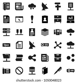 Flat vector icon set - pen vector, document, archive, personal information, laptop graph, binder, prohibition sign, attention, satellite antenna, newspaper, network, server, folder, cloud, exchange