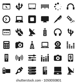 Flat vector icon set - pen vector, notebook pc, clock, barcode, music hit, camera, antenna, equalizer, remote control, headphones, stop button, hdmi, big data, browser, loading, route arrow, tap pay