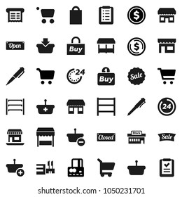 Flat vector icon set - pen vector, dollar coin, cart, credit card, office, shelving, sale, open, closed, 24 hour, shopping bag, market, store, mall, buy, receipt, basket, list