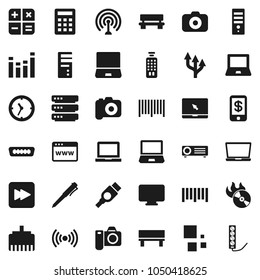 Flat vector icon set - pen vector, notebook pc, clock, barcode, music hit, camera, antenna, equalizer, remote control, forward button, hdmi, big data, browser, lan connector, bench, loading, tap pay