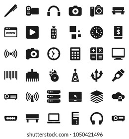 Flat vector icon set - pen vector, notebook pc, clock, music hit, camera, antenna, remote control, headphones, play button, hdmi, cloud lock, big data, browser, lan connector, bench, loading, video