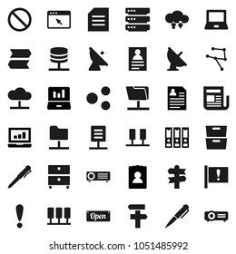 Flat vector icon set - pen vector, notebook pc, document, archive, personal information, laptop graph, binder, prohibition sign, signpost, attention, satellite antenna, newspaper, network, server