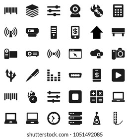 Flat vector icon set - pen vector, notebook pc, arrow up, clock, barcode, music hit, antenna, equalizer, play button, stop, hdmi, cloud lock, big data, browser, bench, route, wireless, calculator