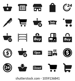 Flat vector icon set - pen vector, dollar coin, cart, credit card, shelving, sale, open, closed, 24 hour, shopping bag, store, mall, buy, receipt, basket