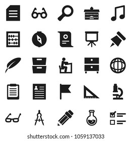 Flat vector icon set - pen vector, university, pencil, corner ruler, drawing compass, glasses, student, microscope, clipboard, paper pin, certificate, abacus, presentation, music, world, document