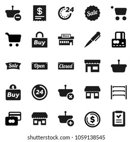 Flat vector icon set - pen vector, dollar coin, cart, credit card, office, shelving, sale, open, closed, 24 hour, store, mall, buy, receipt, basket, shopping list