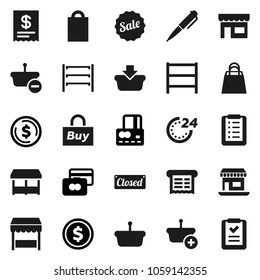 Flat vector icon set - pen vector, dollar coin, credit card, office, shelving, sale, closed, 24 hour, shopping bag, market, store, buy, receipt, basket, list