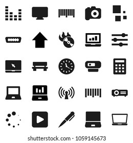Flat vector icon set - pen vector, notebook pc, laptop graph, arrow up, clock, barcode, music hit, camera, equalizer, play button, hdmi, bench, loading, wireless, calculator, monitor, web, projector