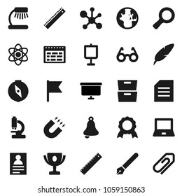 Flat vector icon set - pen vector, ruler, glasses, atom, bell, table lamp, notebook pc, schedule, compass, award cup, medal, magnet, presentation, world, document, archive, personal information