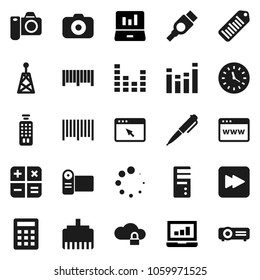 Flat vector icon set - pen vector, laptop graph, clock, barcode, camera, antenna, equalizer, remote control, forward button, hdmi, cloud lock, browser, lan connector, loading, calculator, video