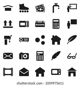 Flat vector icon set - pen vector, blackboard, glasses, calculator, roller Skates, money, dry cargo, top sign, film frame, mail, share, home, water supply, rooms signboard, microwave oven, camera