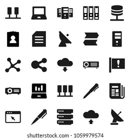 Flat vector icon set - pen vector, notebook pc, document, laptop graph, binder, personal information, attention, satellite antenna, newspaper, network, server, big data, browser, share, cloud upload
