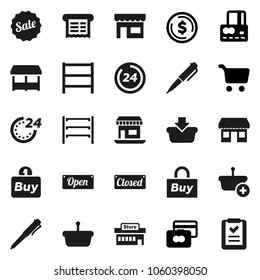 Flat vector icon set - pen vector, dollar coin, cart, credit card, office, shelving, sale, open, closed, 24 hour, market, store, mall, buy, receipt, basket, shopping list
