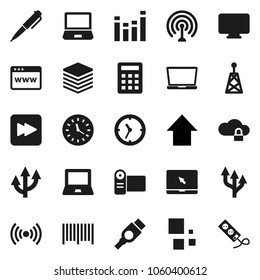 Flat vector icon set - pen vector, notebook pc, arrow up, clock, antenna, equalizer, forward button, hdmi, cloud lock, big data, browser, loading, route, wireless, barcode, calculator, monitor