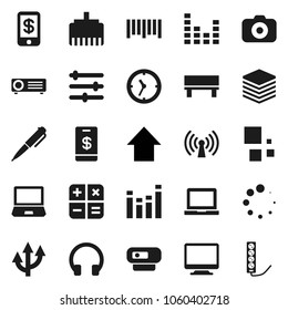 Flat vector icon set - pen vector, notebook pc, arrow up, clock, barcode, camera, equalizer, headphones, big data, lan connector, bench, loading, route, wireless, calculator, tap pay, monitor, web