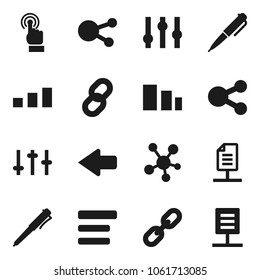 Flat vector icon set - pen vector, sorting, settings, touchscreen, social media, menu, share, arrow, chain, network document
