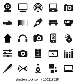 Flat vector icon set - pen vector, arrow up, music hit, camera, antenna, equalizer, headphones, hdmi, browser, lan connector, bench, loading, wireless, barcode, tap pay, monitor, web, notebook pc