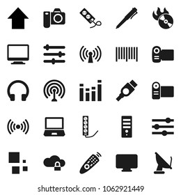 Flat vector icon set - pen vector, arrow up, music hit, antenna, equalizer, remote control, headphones, hdmi, cloud lock, loading, wireless, barcode, monitor, camera, video, computer, notebook pc