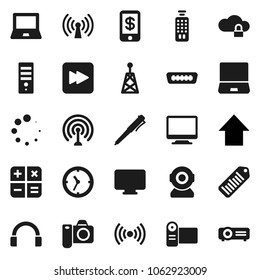Flat vector icon set - pen vector, notebook pc, arrow up, clock, barcode, antenna, remote control, headphones, forward button, hdmi, cloud lock, loading, wireless, calculator, tap pay, monitor, web