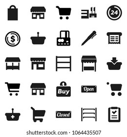 Flat vector icon set - pen vector, dollar coin, cart, credit card, office, shelving, open, closed, 24 hour, shopping bag, market, store, mall, buy, receipt, basket, list