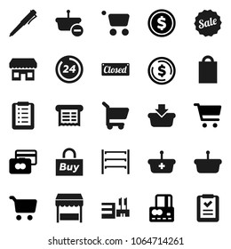 Flat vector icon set - pen vector, dollar coin, cart, credit card, shelving, sale, closed, 24 hour, shopping bag, market, store, mall, buy, receipt, basket, list