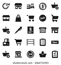 Flat vector icon set - pen vector, dollar coin, cart, credit card, office, shelving, sale, open, 24 hour, shopping bag, market, store, mall, receipt, basket, list