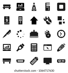 Flat vector icon set - pen vector, laptop graph, arrow up, clock, barcode, music hit, antenna, remote control, stop button, hdmi, browser, lan connector, bench, loading, calculator, tap pay, monitor