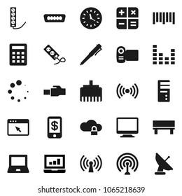 Flat vector icon set - pen vector, notebook pc, laptop graph, clock, barcode, antenna, equalizer, hdmi, cloud lock, browser, lan connector, bench, loading, wireless, calculator, tap pay, monitor
