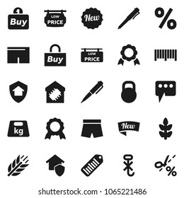 Flat vector icon set - pen vector, medal, shorts, cereals, no hook, weight, barcode, message, low price signboard, smart home, protect, new, percent, buy, coupon
