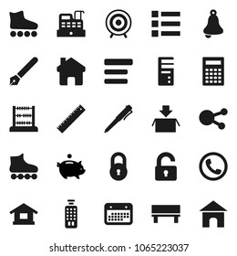 Flat vector icon set - pen vector, ruler, bell, calculator, abacus, piggy bank, roller Skates, target, calendar, remote control, social media, menu, home, bench, lock, unlock, phone, cashbox