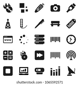 Flat vector icon set - pen vector, laptop graph, clock, barcode, music hit, camera, antenna, equalizer, remote control, stop button, forward, hdmi, big data, browser, bench, loading, calculator, web