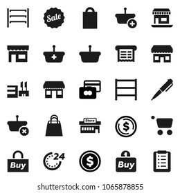 Flat vector icon set - pen vector, dollar coin, credit card, office, shelving, sale, 24 hour, shopping bag, store, mall, buy, receipt, basket, cart, list