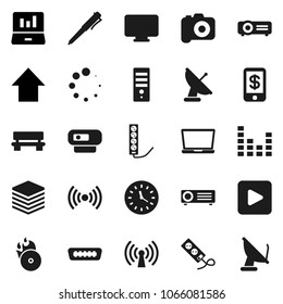 Flat vector icon set - pen vector, laptop graph, arrow up, clock, music hit, camera, equalizer, play button, hdmi, big data, bench, loading, wireless, tap pay, monitor, computer, web, projector