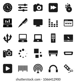 Flat vector icon set - pen vector, notebook pc, laptop graph, clock, music hit, camera, antenna, equalizer, headphones, play button, forward, hdmi, browser, bench, loading, route arrow, barcode