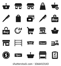 Flat vector icon set - pen vector, dollar coin, credit card, office, shelving, sale, open, closed, 24 hour, shopping bag, market, store, mall, buy, basket, cart, list