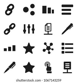 Flat vector icon set - pen vector, sorting, settings, touchscreen, social media, favorites, menu, share, chain, network document