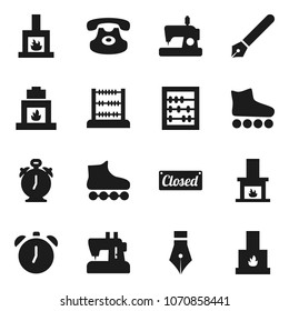 Flat vector icon set - pen vector, alarm clock, abacus, roller Skates, classic phone, fireplace, closed, sewing machine