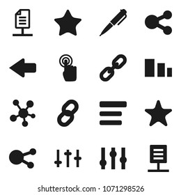 Flat vector icon set - pen vector, sorting, settings, touchscreen, social media, favorites, menu, share, arrow, chain, network document