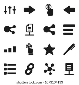 Flat vector icon set - pen vector, sorting, settings, touchscreen, social media, favorites, menu, share, arrow, chain, network document