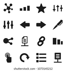 Flat vector icon set - pen vector, sorting, settings, touchscreen, social media, favorites, menu, arrow, redo, chain, network document