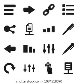 Flat vector icon set - pen vector, sorting, settings, touchscreen, social media, menu, arrow, redo, chain, network document