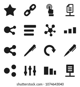 Flat vector icon set - pen vector, sorting, settings, touchscreen, social media, favorites, menu, share, redo, chain, network document