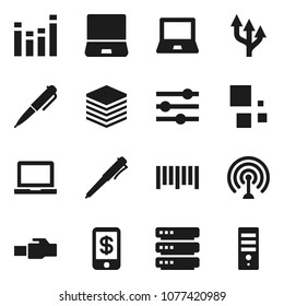 Flat vector icon set - pen vector, notebook pc, barcode, antenna, equalizer, big data, lan connector, loading, route arrow, tap pay, computer