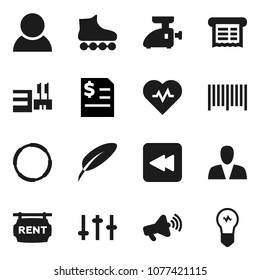Flat vector icon set - pen vector, annual report, heart pulse, roller Skates, hoop, loudspeaker, settings, backward button, rent signboard, consumer, mall, barcode, receipt, meat grinder, bulb