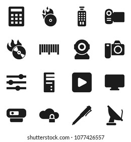 Flat vector icon set - pen vector, music hit, remote control, play button, cloud lock, equalizer, barcode, calculator, monitor, camera, video, computer, web, satellite antenna