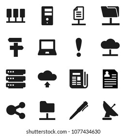 Flat vector icon set - pen vector, notebook pc, personal information, attention, newspaper, server, network folder, cloud, big data, share, upload, document, signpost, satellite antenna