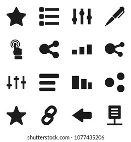Flat vector icon set - pen vector, sorting, settings, touchscreen, social media, favorites, menu, share, arrow, chain, network document
