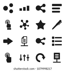 Flat vector icon set - pen vector, sorting, settings, touchscreen, social media, favorites, menu, share, arrow, redo, network document